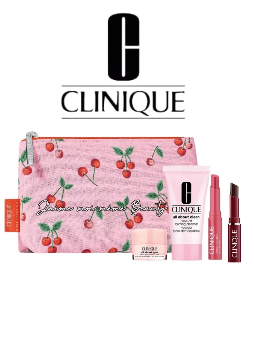 Clinique Cherry Print Pink Bag Pink & Black Honey Lipsticks, Eye Cream Face Wash